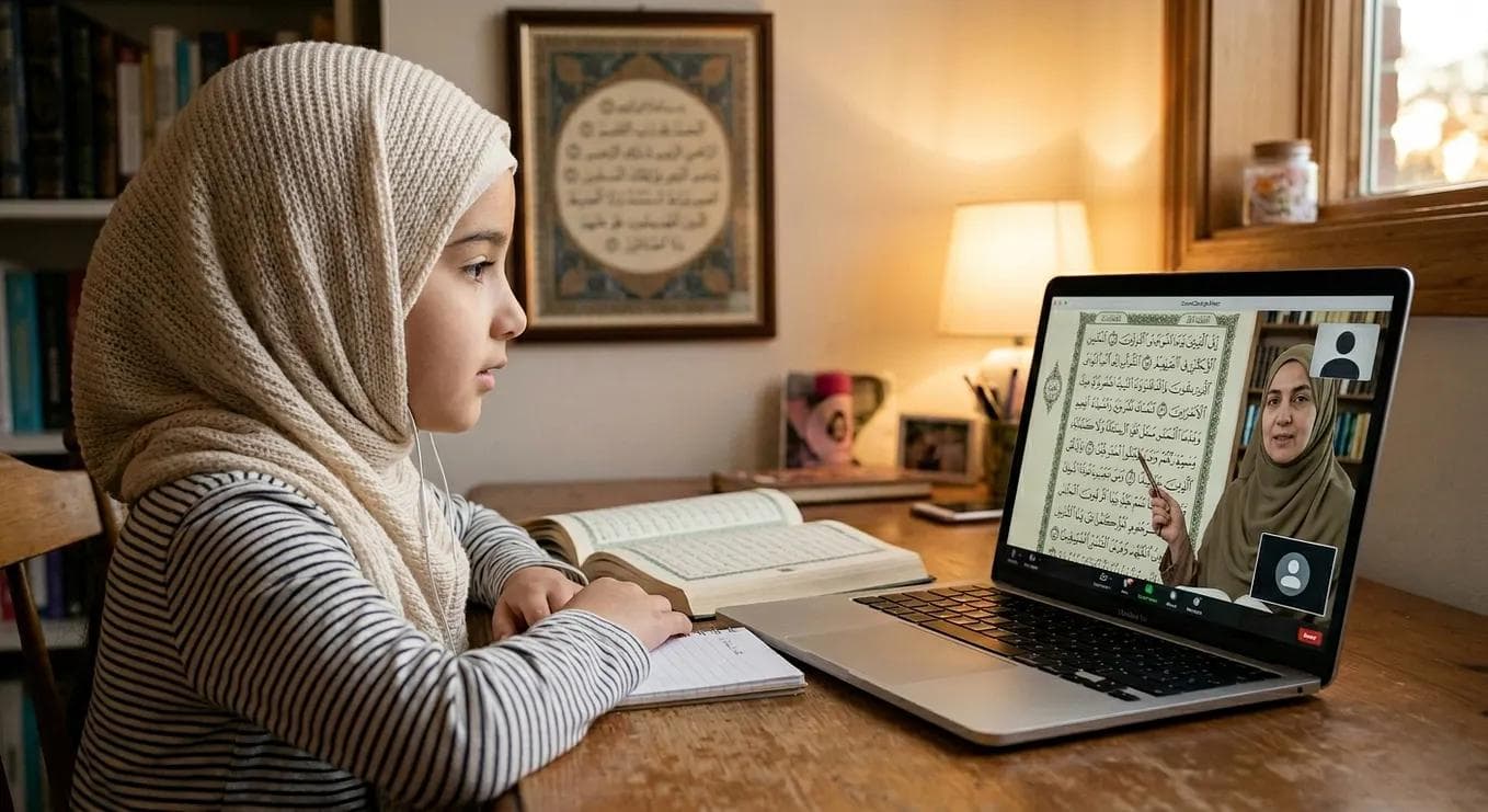 A young student learning Quran online with a teacher on a laptop